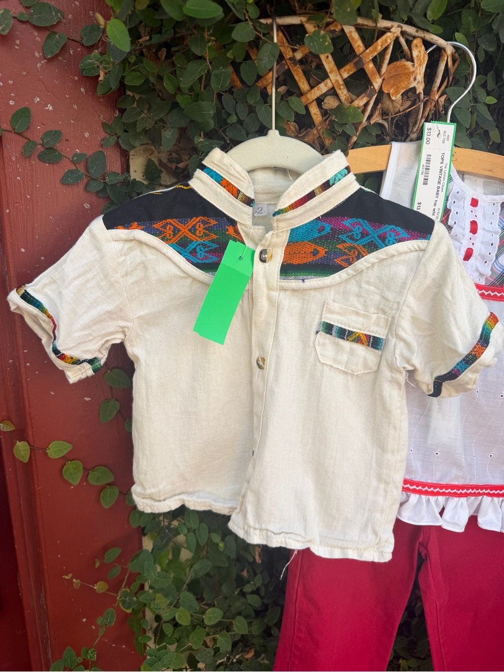 Vintage Kids Cream Short-Sleeve Button-Up Shirt with Colorful Aztec Yoke